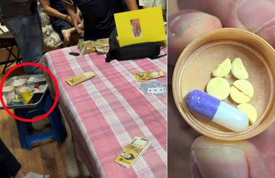 13일 오전 대전 지역 재력가 등에게 마약을 넣은 커피를 먹여 억대 사기도박을 벌인 피의자 10명이 검거됐다. 사진은 경찰 검거 당시 도박장 책상 위와 사기도박에 사용된 필로폰 등 향정신성의약품. [대전경찰청 제공]
