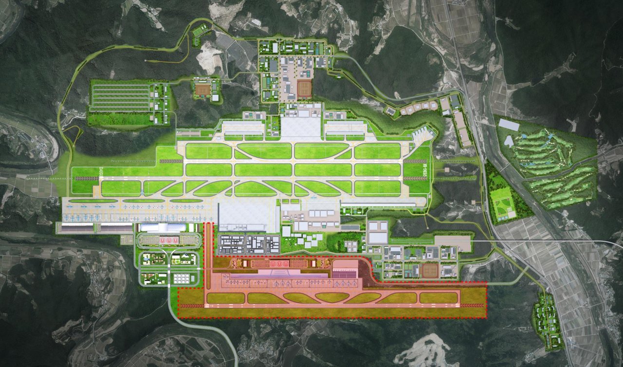 대구시가 제작한 통합 신공항 조감도(붉은색 부분은 2단계 확장계획 반영).[대구시 제공]
