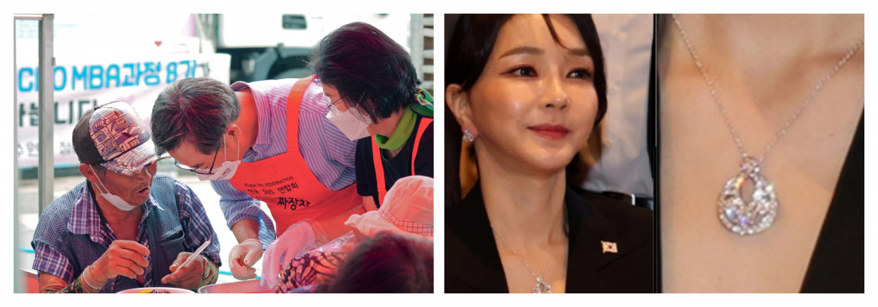 수원역에서 짜장면 봉사하는 김동연 아내 정우영 여사(왼쪽·김동연 지사 페북캡처)와 지난 6월29일(현지시간) 윤석열 대통령의 부인 김건희 여사가 스페인 마드리드 만다린 오리엔탈 리츠호텔에서 열린 동포 만찬 간담회에 참석한 모습. 당시 김 여사는 6000만원 상당의 목걸이를 착용한 것으로 알려졌다.(사진=연합뉴스)