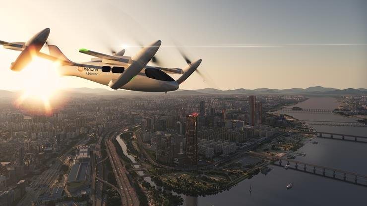 This image provided by Hanwha Group on June 14, shows a rendered model of Butterfly, an all-electric vertical take-off and landing aircraft, or "flying taxi," under development by South Korea's Hanwha Systems and US eVTOL developer Overair. (Hanwha Group)