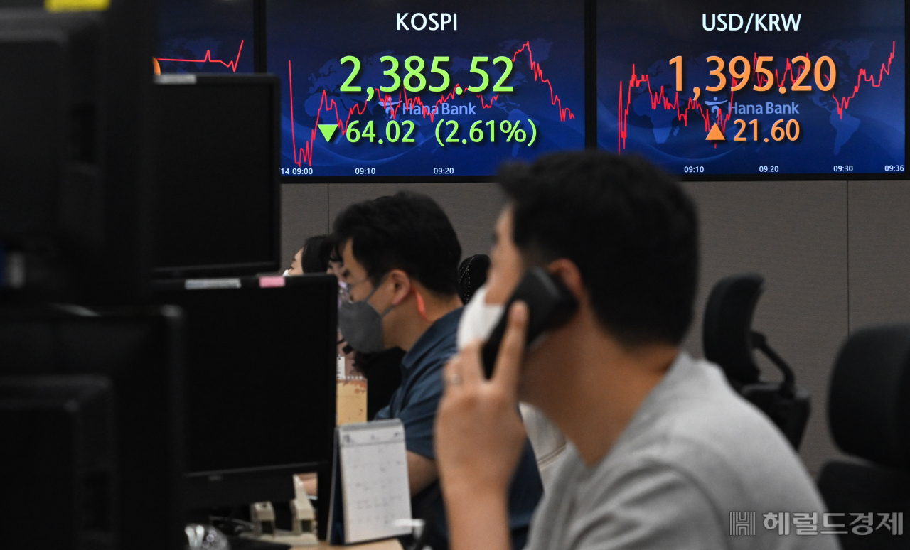 14일 서울 중구 명동 하나은행 딜링룸 전광판에 코스피지수가 종가 기준 2.6% 하락한 2385선을, 원달러 환율이 21원 오른 1395원선을 나타내고 있다. 임세준 기자