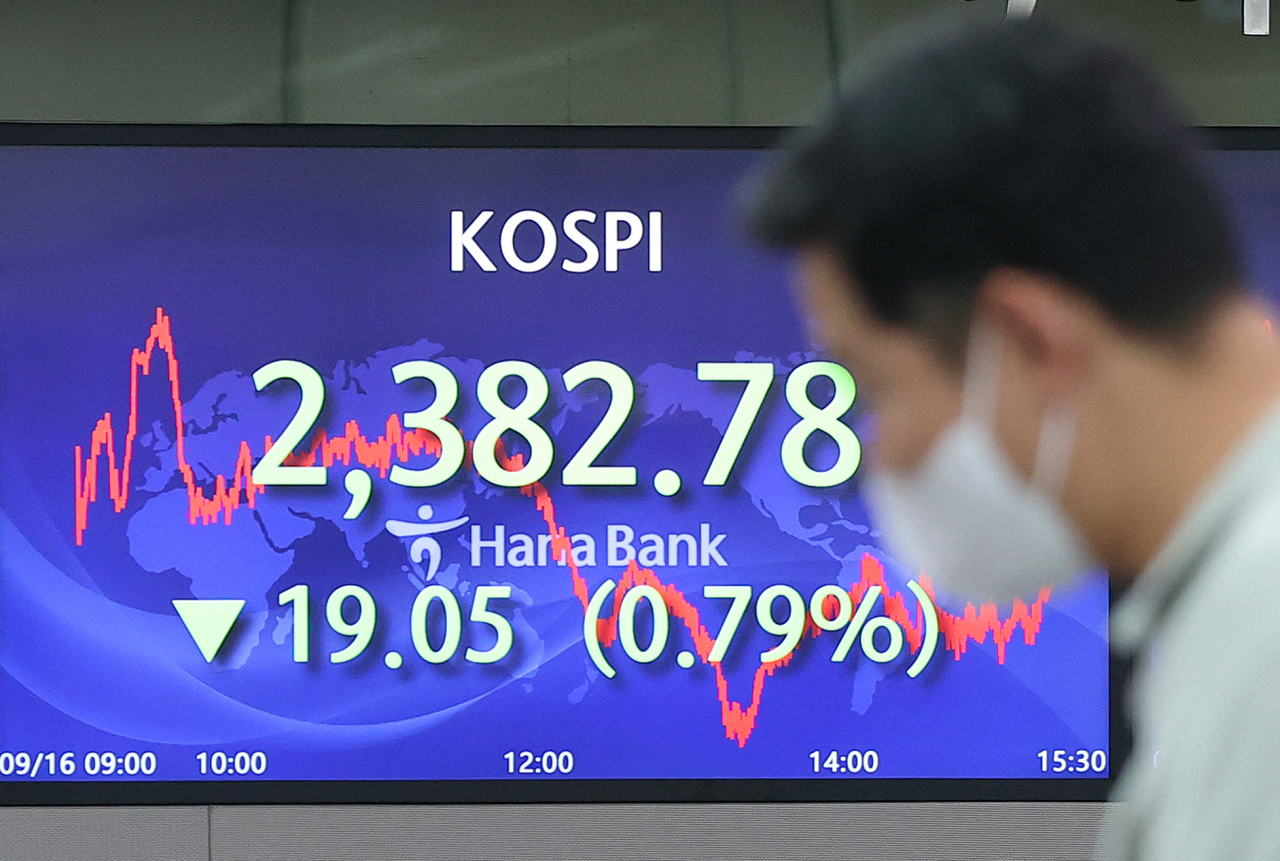 코스피가 전 거래일보다 19.05p(0.79%) 내린 2,382.78에 장을 마친 16일 오후 서울 중구 하나은행 본점 딜링룸에서 딜러들이 업무를 보고 있다. 이날 원/달러 환율은 전장보다 5.7원 내린 1,388.0원, 코스닥지수는 11.34p(1.45%) 내린 770.04에 마감했다. [연합]