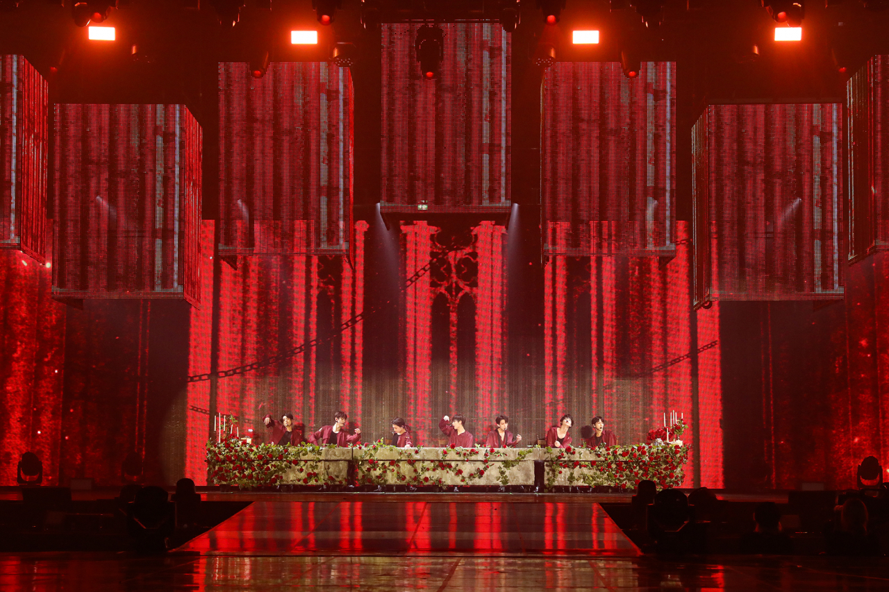 Boy band Enhypen performs during its first world tour, “Manifesto,” in Seoul on Saturday. (Belift Lab)