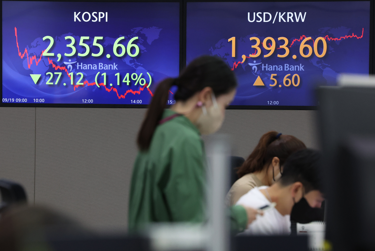 19일 오후 서울 중구 하나은행 딜링룸에서 딜러들이 업무를 보고 있다. 이날 코스피 지수는 전 거래일보다 27.12p(1.14%) 내린 2355.66에 거래를 마쳤다. 외환시장에서 원/달러 환율은 전장보다 5.6원 오른 달러당 1393.6원으로 마감했다. [연합]
