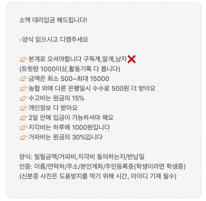 SNS상 ‘대리입금’ 광고 캡처.