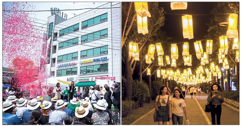 코로나19 사태 이후 3년여 만에 서울 각 자치구에서 다양한 가을 축제를 마련하고 있다. 사진은 코로나19 사태 이전 성북구 ‘성북세계음식축제 누리마실’행사 모습(왼쪽)과 한성백제문화제 기간 송파구 위례성대로를 따라 설치될 빛초롱의 모습. [송파구·성북구 제공]