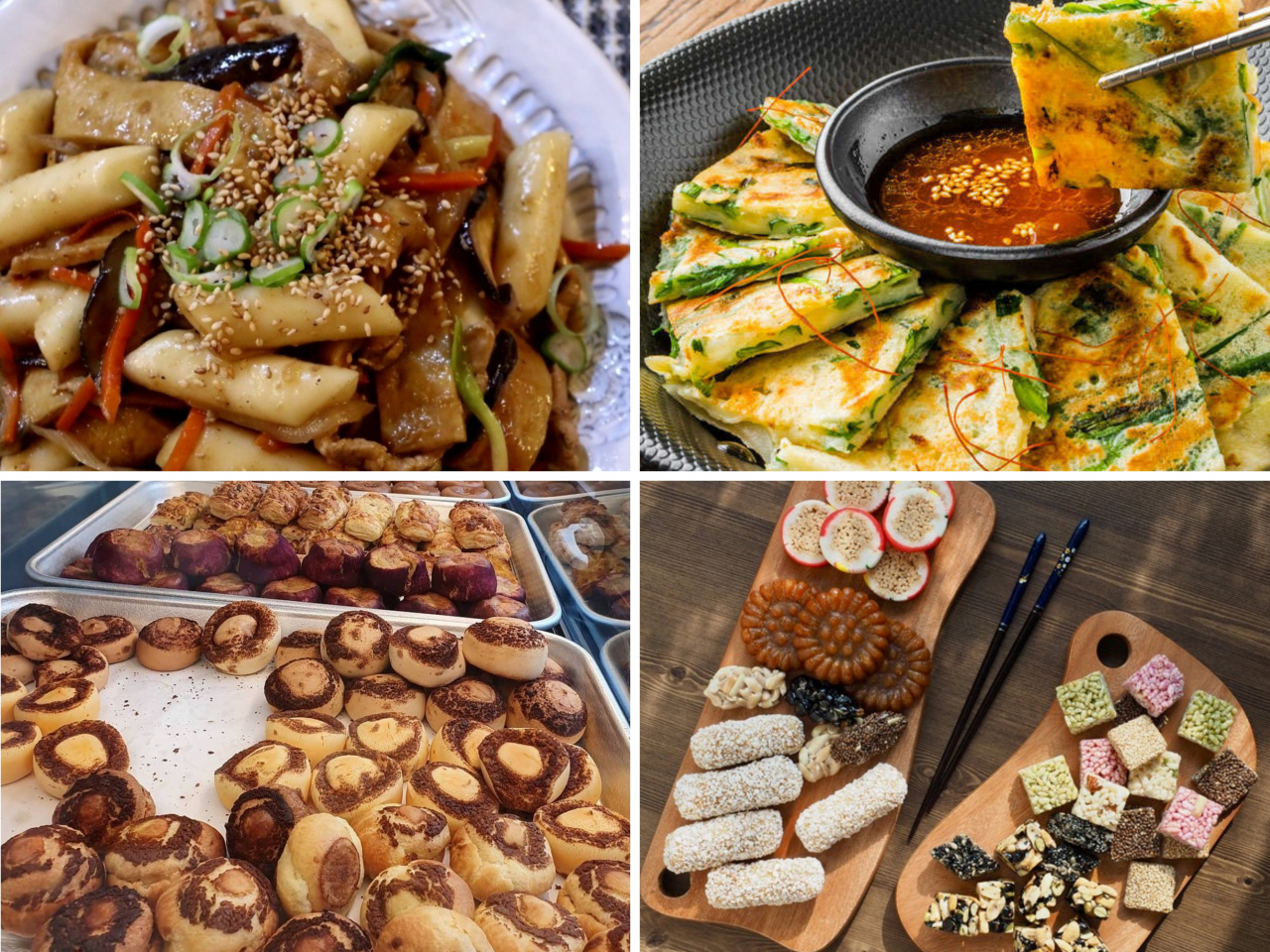A compilation of photos shows (clockwise from top left) tteokbokki, jeon, traditional Korean desserts and chestnut snack which are sold at this year‘s Namsan K-Food Festa (Namsan K-Food Festa)