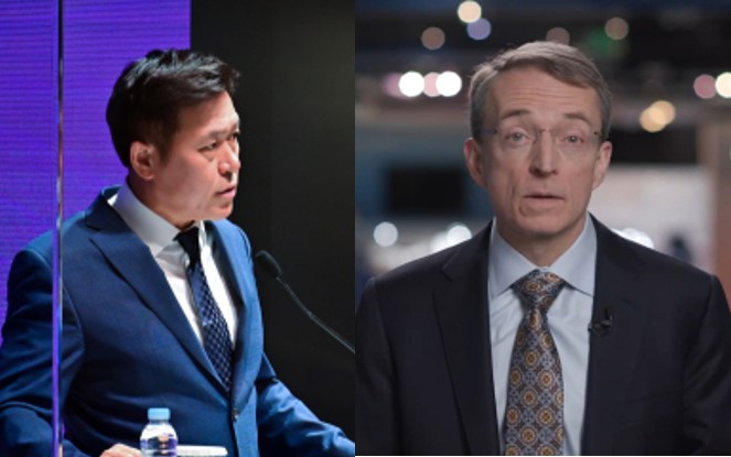 박정호(왼쪽) SK하이닉스 부회장과 팻 겔싱어 인텔 최고경영자. [SK하이닉스, 인텔 제공]