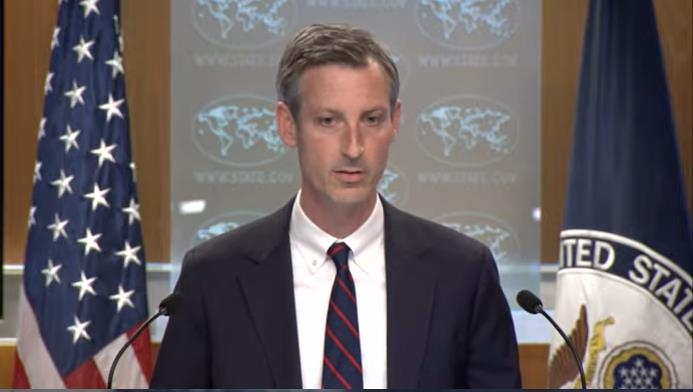 US Department of State Press Secretary Ned Price is seen answering questions during a daily press briefing in Washington on Monday in this image captured from the department's website. (Yonhap)