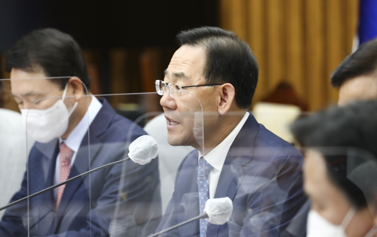 주호영 국민의힘 원내대표가 27일 국회에서 열린 국정감사 사전점검회의에서 발언하고 있다. [이상섭 기자]