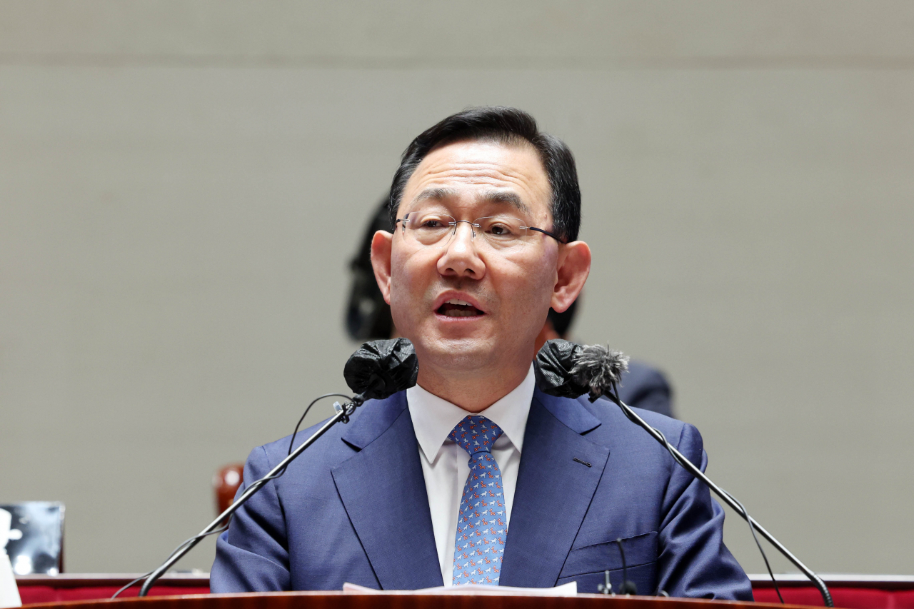 주호영 국민의힘 원내대표가 27일 오후 국회에서 열린 의원총회에서 발언하고 있다. [연합]