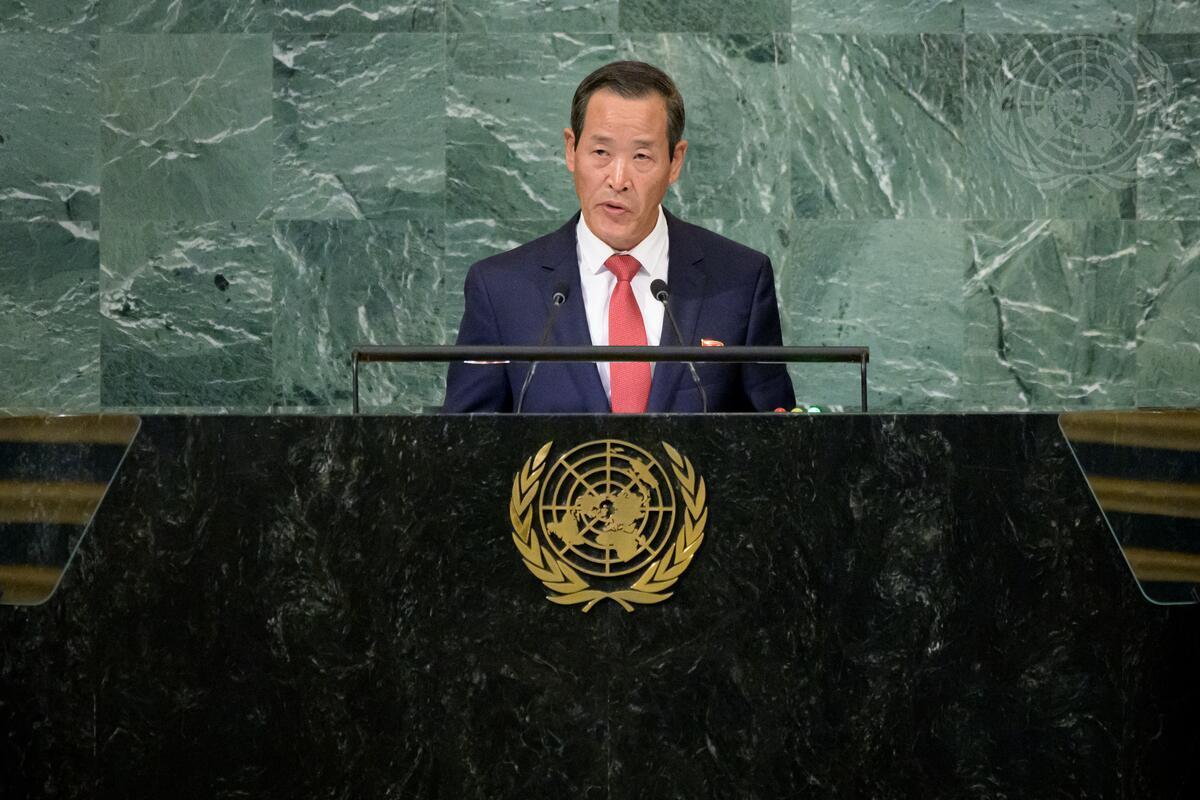 Kim Song, Permanent Representative of the Democratic People's Republic of Korea to the United Nations, addresses the general debate of the General Assembly’s seventy-seventh session. (UN Photo/Manuel Elías)