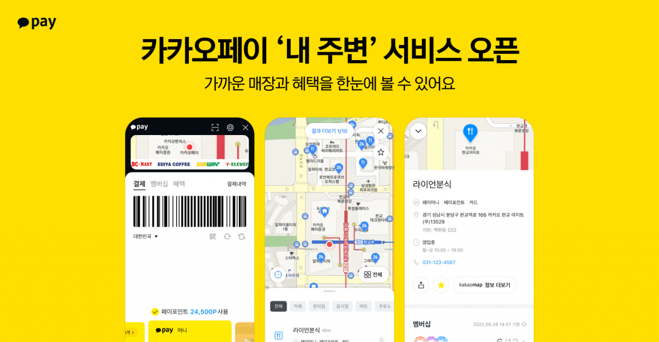 카카오페이는 사용자의 현재 위치를 기반으로 지도에서 근처 가맹점 정보를 제공하는 ‘내 주변’ 서비스를 시작했다고 28일 밝혔다.[카카오페이 제공]