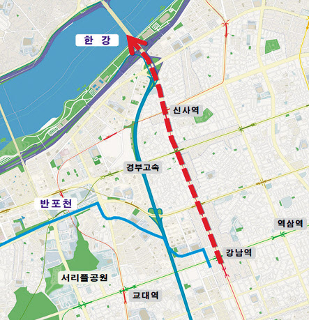 총 사업비 3500억원을 들여 조성되는 강남역 일대 빗물배수터널이 만들어지는 경로. [서울시 제공]