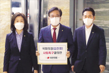 30일 김진표 국회의장 사퇴 촉구 결의안을 제출하는 국민의힘 의원단. 이상섭 기자
