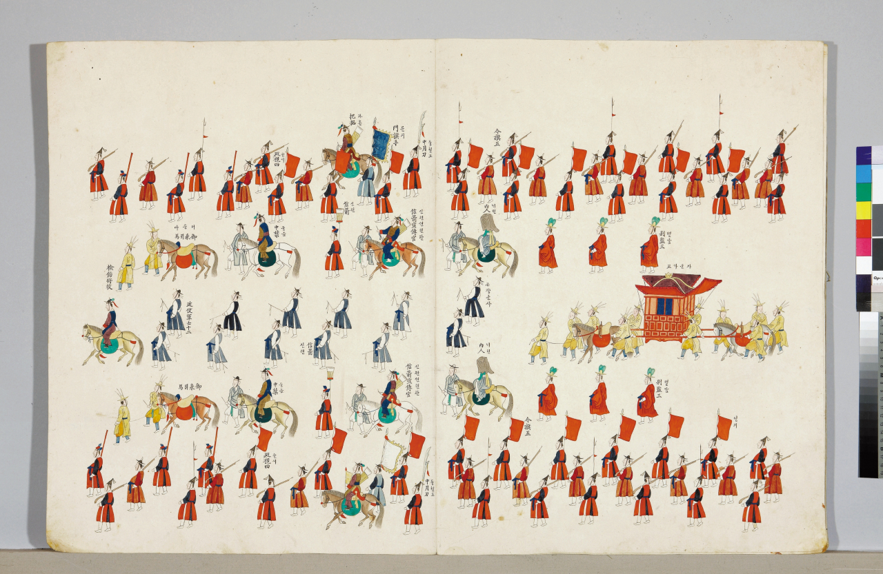 A section from “Uigwe,” or manuscripts for royal protocol during the Joseon Dynasty, depicts King Jeongjo‘s Royal Parade in 1795. (National Museum of Korea)