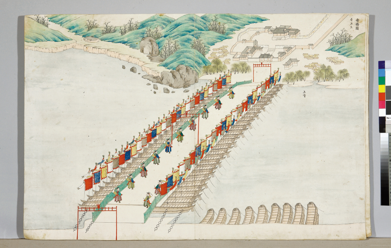 A section from “Uigwe,” or manuscripts for royal protocol during the Joseon Dynasty, depicts King Jeongjo‘s Royal Parade in 1795. (National Museum of Korea)