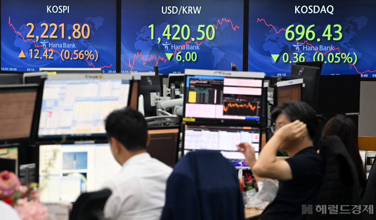 5일 서울 중구 명동 하나은행 딜링룸에서 직원들이 업무중인 가운데 전광판에 코스피지수와 원/달러 환율지수가 표기되어 있다. 임세준 기자