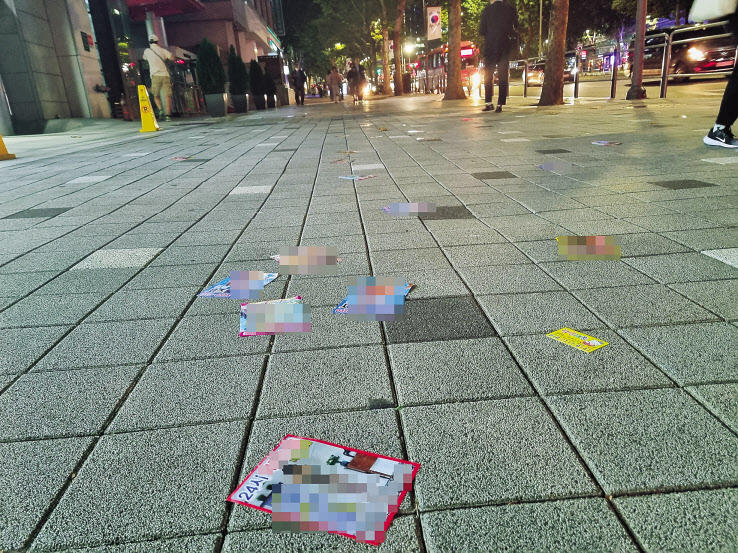 지난 4일 밤 서울 강남구 선릉역 인근 테헤란로 인도에 불법 전단지들이 흩뿌려져 있다. 김영철 기자