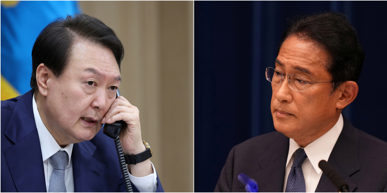 윤석열 대통령이 6일 오후 서울 용산 대통령실 청사에서 기시다 후미오 일본 총리와 통화하고 있다. 오른쪽 사진은 기시다 총리가 지난 7월 14일 도쿄 관저에서 기자회견을 하고 있는 모습. [연합]