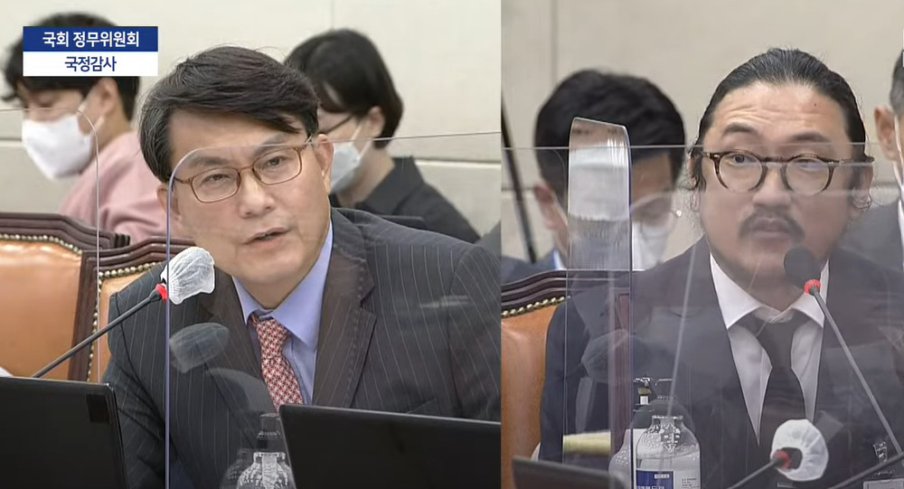 6일 정무위원회 국정감사에서 윤상현(왼쪽) 국민의힘 의원이 김지윤 DSRV 대표에게 질의하고 있다.[MBC 중계화면 캡쳐]