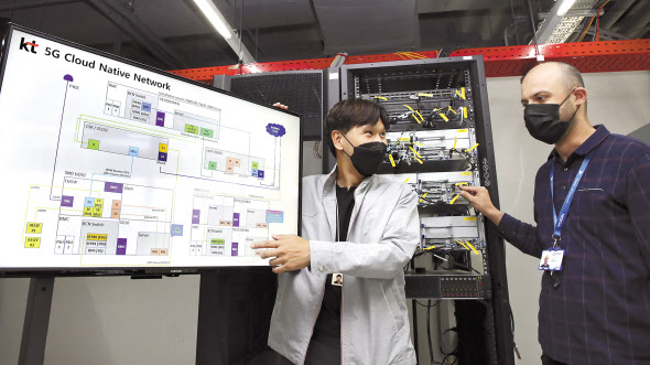 KT와 노키아 관계자가 5G 네트워크의 클라우드 전환 시연 결과를 확인하고 있다. [KT 제공]