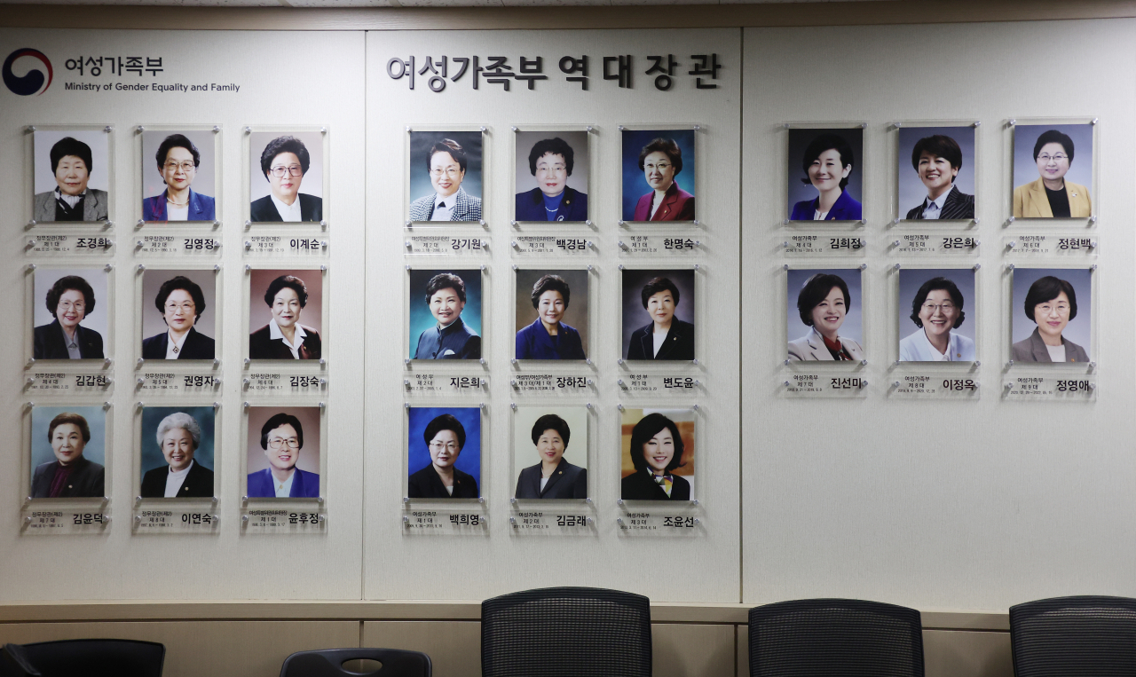 정부가 여성가족부 폐지 등을 핵심으로 하는 정부조직 개편안을 공식 발표한 6일 정부서울청사 여성가족부 사무실에 역대 여가부 장관들의 사진이 걸려있다. [연합]