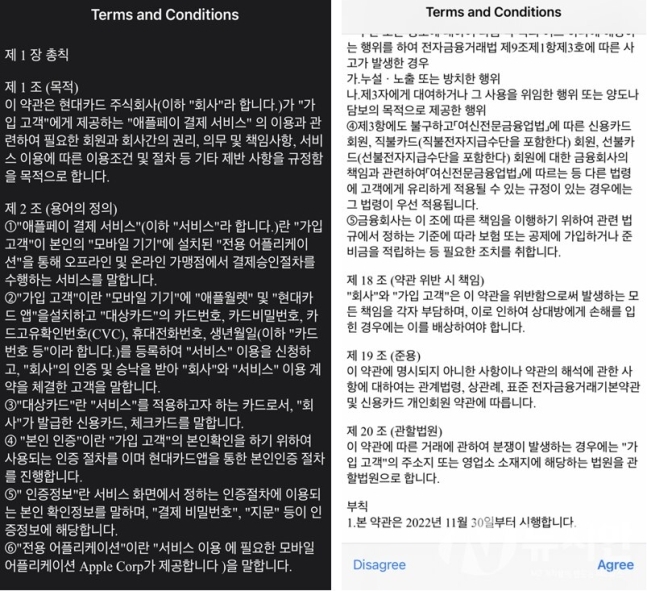 Screen captures of leaked documents concerning the usage of Apple Pay services provided by Hyundai Card. (Screen captures by The Korea Herald)
