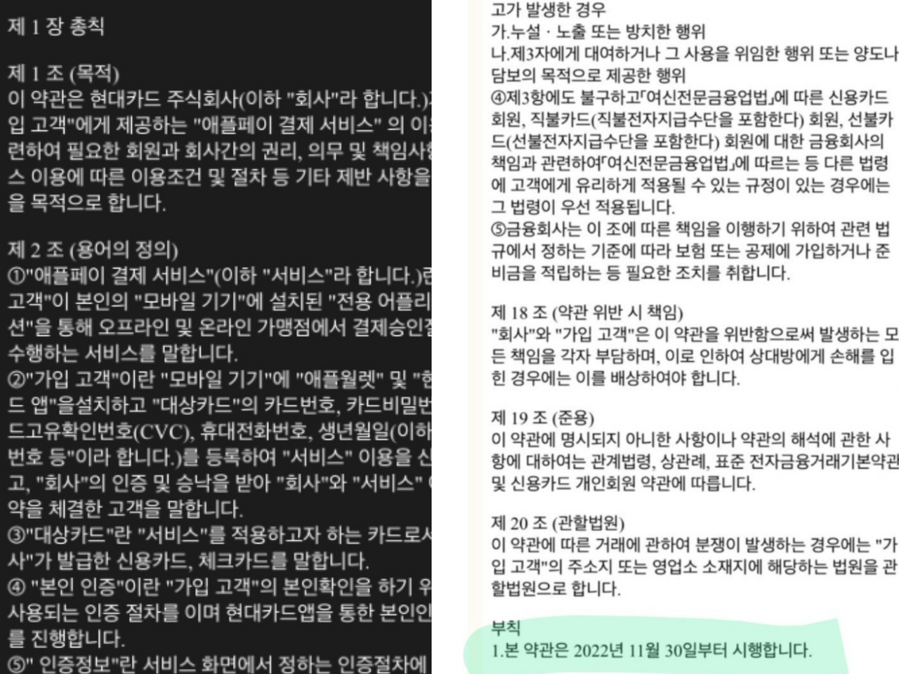 유출된 에플페이-현대카드 약관[출처 트위터]