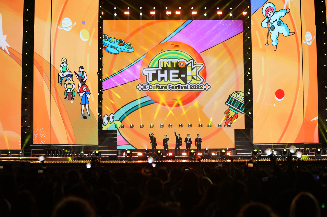 Boy band Monsta X performs at “The-K Concert” at Jamsil Olympic Stadium in southern Seoul on Friday. (K-Culture Festival)