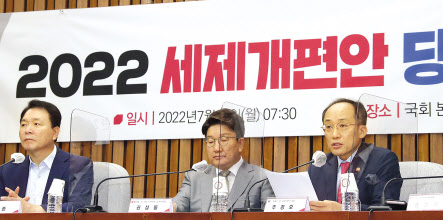 지난 7월 ‘2022 세제 개편안 당정협의회’에 참석한 추경호(오른쪽) 부총리. [헤럴드경제DB]