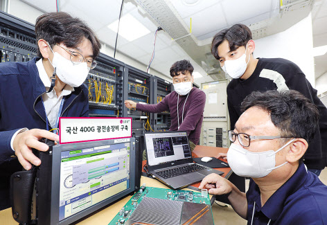LG유플러스가 양자내성암호를 적용한 대용량 광전송장비를 도입했다고 밝혔다. LG유플러스와 코위버 직원들이 새로 개발한 400G 광전송장비를 테스트하고 있다. [LG유플러스 제공]