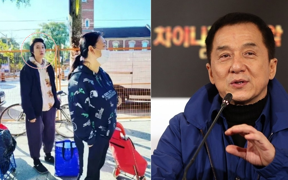 무료급식을 기다리는 우줘린(왼쪽 사진 원내)과 그의 아버지인 월드스타 청룽 [온라인 커뮤니티·연합]