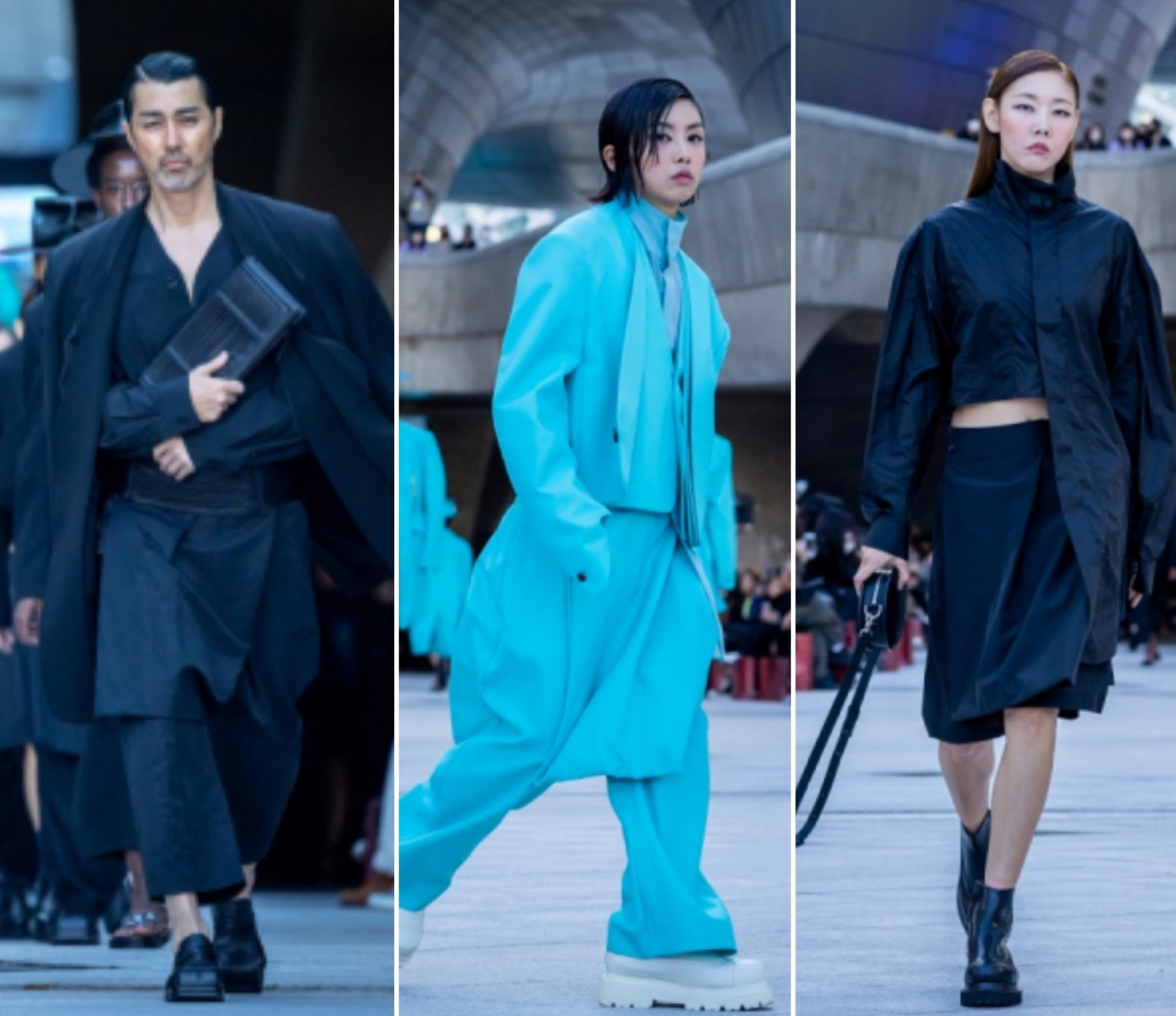 송지오 2023 S/S 서울 패션위크 오프닝쇼. 모델 차승원(왼쪽부터), 아이키, 한혜진 [송지오 제공]