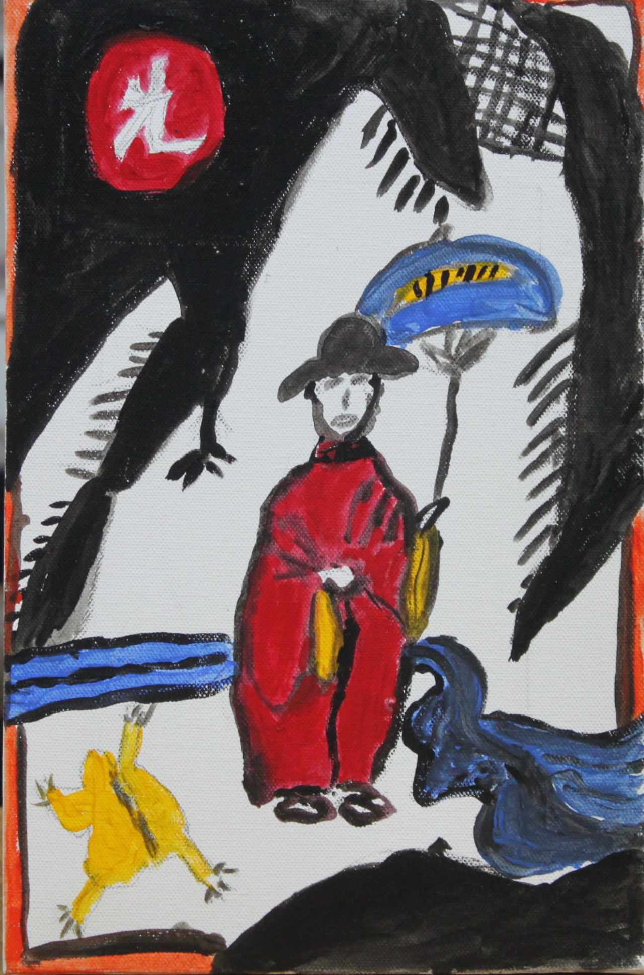 “Throwing Away Hwatu, Drawing Hwatu,” an acrylic painting by Kim Kyeong-hee (Sinpung Art Museum)