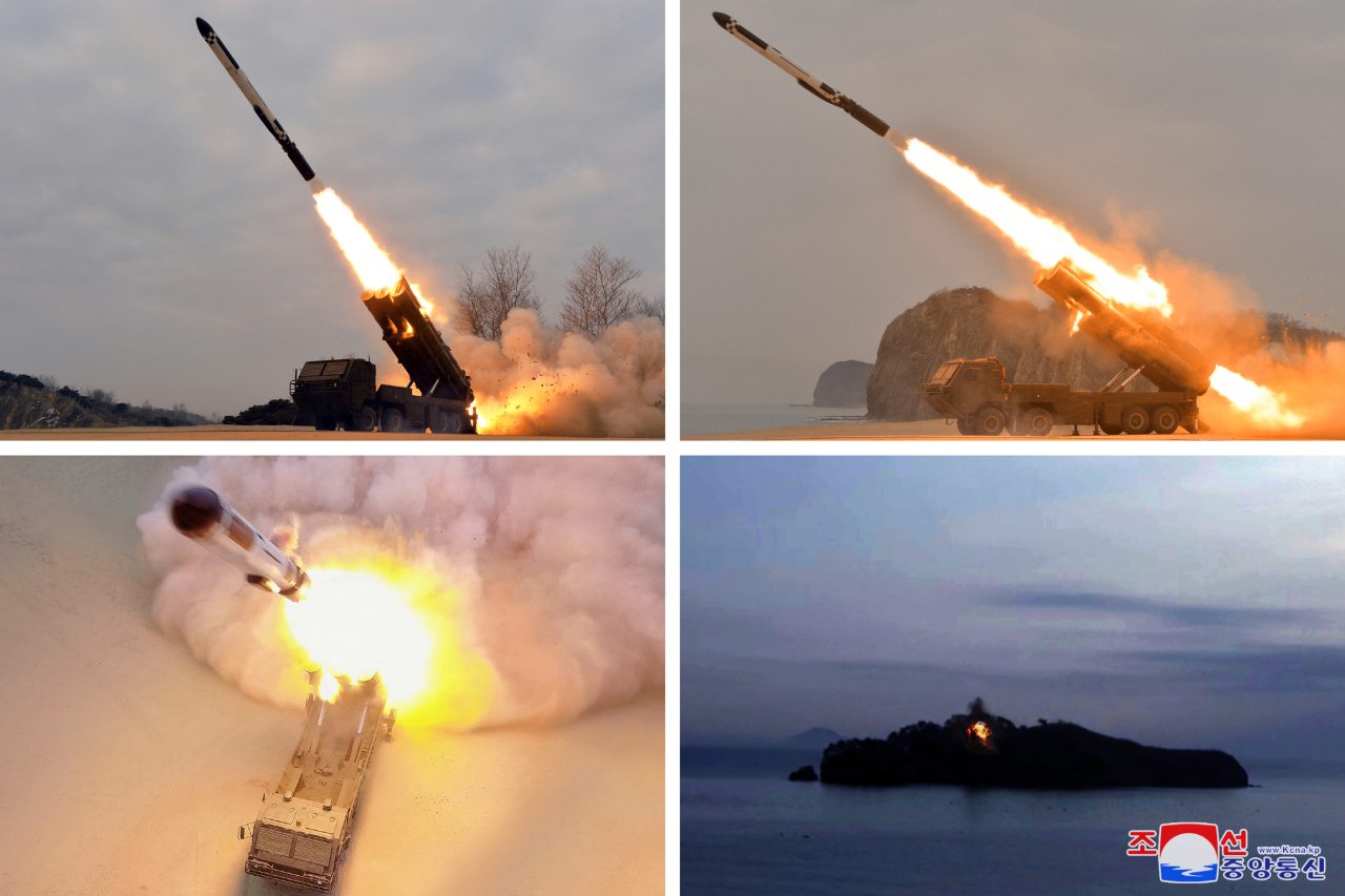 This composite photo, released by North Korea's official Korean Central News Agency, shows a long-range cruise missile being test-fired on Jan. 25. (KCNA)