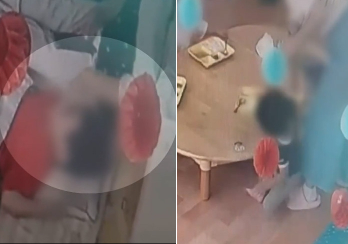 어린이집 교사가 3살 아이의 뺨과 입을 때리고 한쪽 팔만 잡아 끄는 등 학대하는 장면. [채널A 방송화면 캡처]