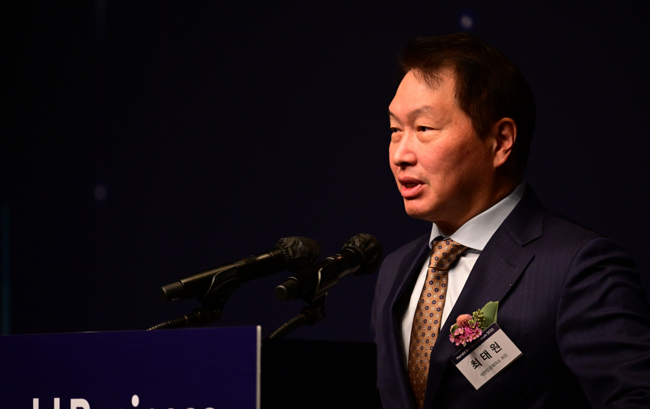 최태원 대한상공회의소 회장이 ‘헤럴드 기업포럼 2022’에서 2030 세계박람회가 ‘대전환’ 속 한국이 리딩할 수 있는 플랫폼이 될 수 있다고 강조했다. 박해묵 기자
