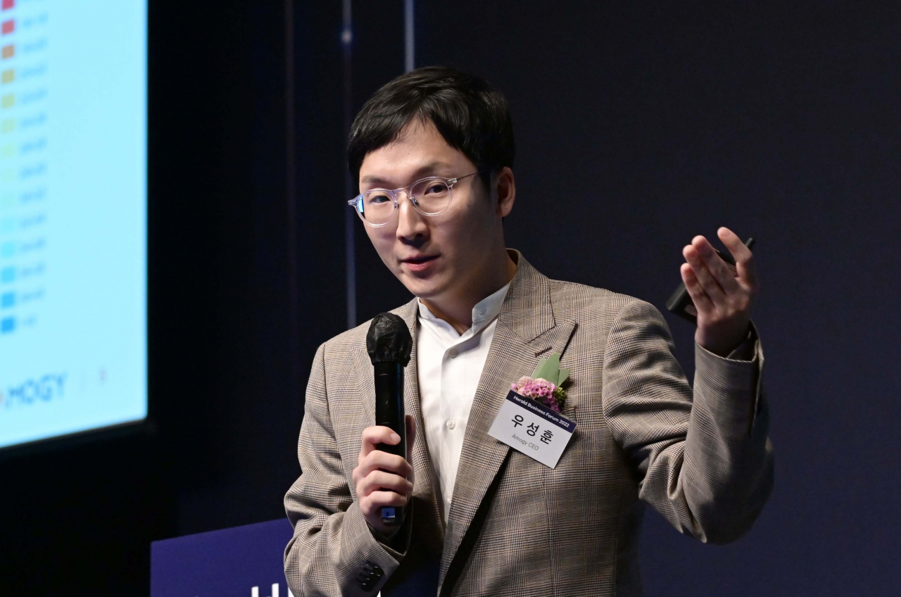 13일 서울 중구 신라호텔 다이너스티홀에서 개최된 ‘헤럴드기업포럼2022’에서 우성훈 아모지 최고경영자(CEO)는 탄소중립 시대의 신시장을 개척할 예정이라고 말했다. 이상섭 기자.