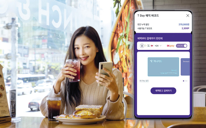 SK텔레콤 모델이 새롭게 도입한 결제바코드를 소개하고 있다. [SK텔레콤 제공]