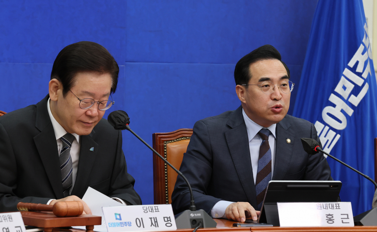 박홍근 더불어민주당 원내대표가 19일 국회에서 열린 최고위원회의 '국민발언대 - 동남권 메가시티편'에 참석, 발언하고 있다. 이상섭 기자