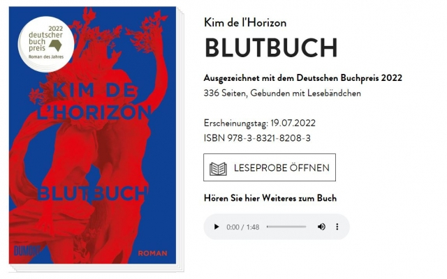 킴 드 로리즌(Kim de l'Horizon)이 집필한 'BLUTBUCH'. 2022 국제도서전 '독일도서상'을 수상작이다. [DuMont Buchverlag 웹사이트]