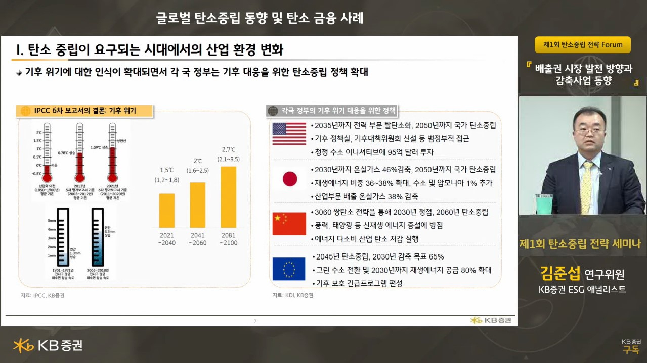 지난 19일 탄소배출권 할당대상업체 등 시장 참여자를 대상으로 한 ‘제1회 탄소중립 전략 포럼’에서 KB증권 ESG 애널리스트 김준섭 연구위원이 강연을 진행하고 있다. [KB증권 제공]