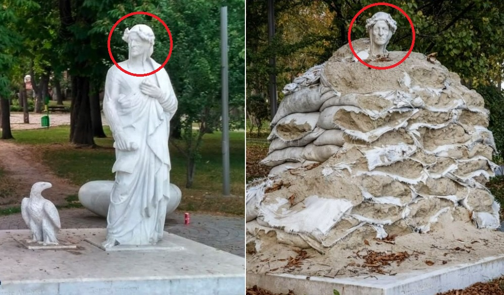 키이우 시민들은 러시아군의 폭격으로부터 철학자 단테 알리기에리 동상을 보호하기 위해 모래주머니를 높이 쌓아 올렸다. [가디언 캡쳐]