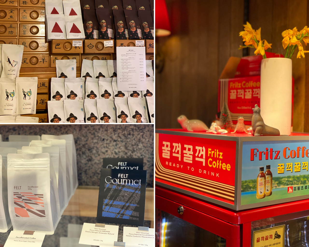 (Clockwise from top left) Coffee Libre, Fritz and Felt (Tabi Books)