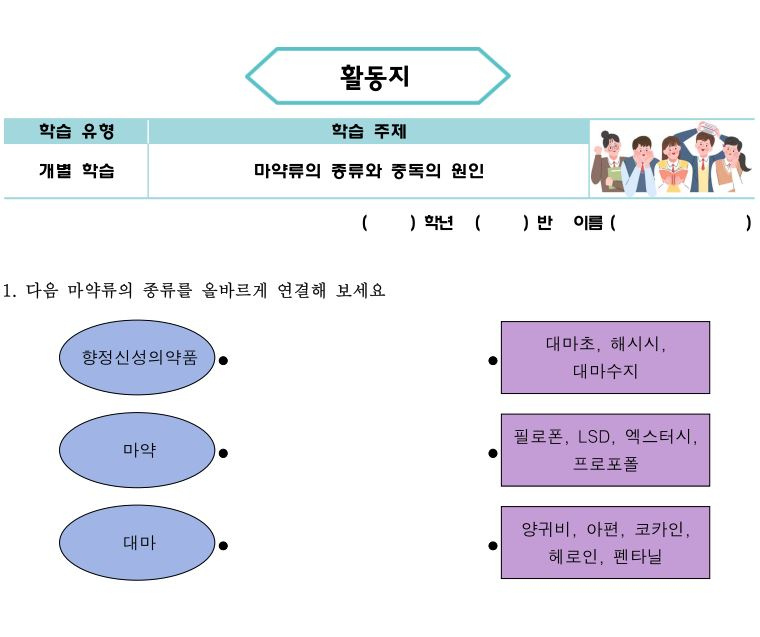 경남도교육청 유해약물(마약류) 예방교육자료 중 마약 예방교육 관련 활동지. [경남도교육청 홈페이지 캡처]