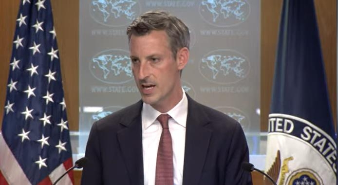 Department of State Press Secretary Ned Price is seen answering a question in a daily press briefing at the department in Washington on Tuesday. (Department of State Press)