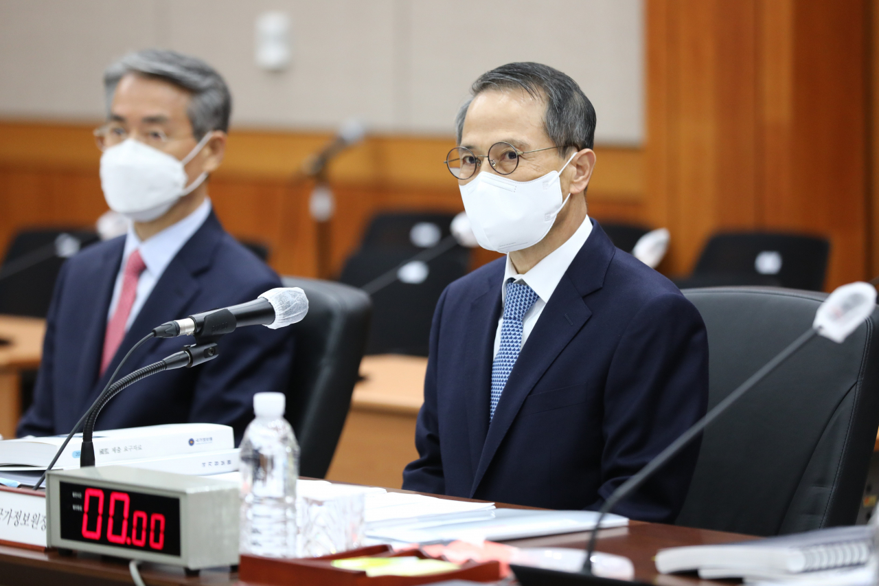 김규현 국가정보원장이 26일 서울 서초구 내곡동 국가정보원 청사에서 열린 국회 정보위원회의 국가정보원에 대한 국정감사에 출석해 있다. [연합]