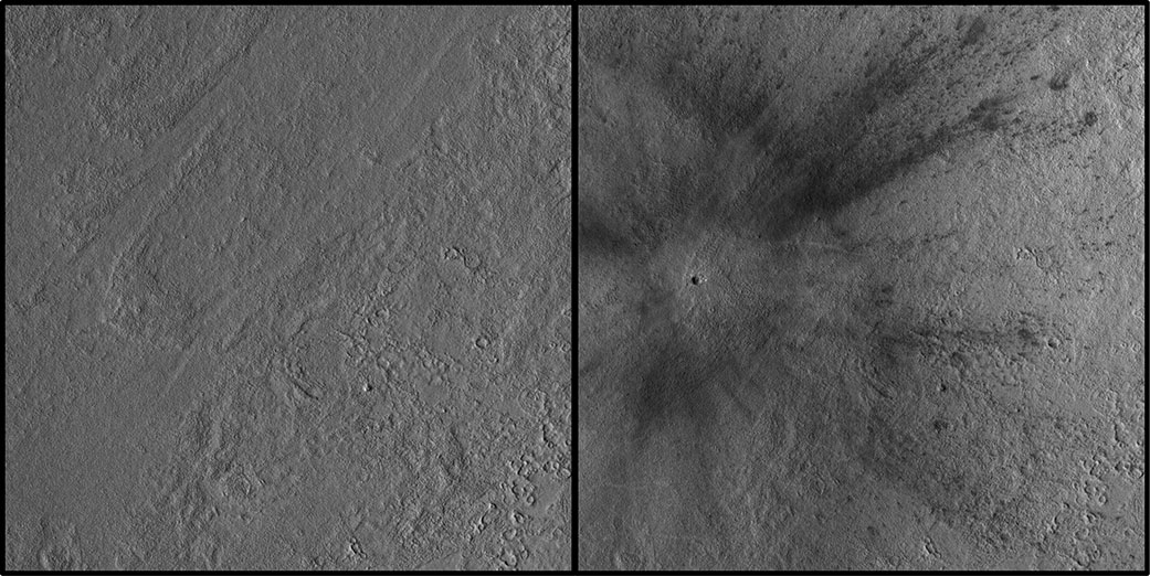 미국 항공우주국(NASA)이 지난해 크리스마스이브(12월 24일) 화성에서 발생한 운석 충돌로 아마조니스 플라니티아로 불리는 화성의 평원 지대 표면에 폭 150ｍ, 깊이 21ｍ의 대형 충돌구가 만들어졌다고 27일(현지시간) 밝혔다. 충돌이 발생하기 전(왼쪽)과 이후(오른쪽)의 모습을 비교한 사진. [NASA]
