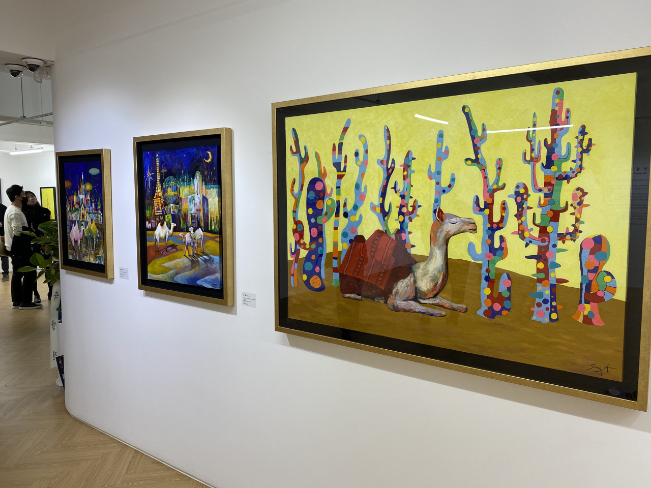 Painter Yun Song-a's camel-themed works are displayed at exhibition "Midnightluv." (Lim Jae-seong/The Korea Herald)